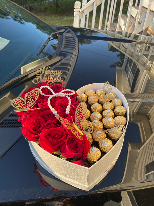 Mother's Day roses and chocolate arrangement